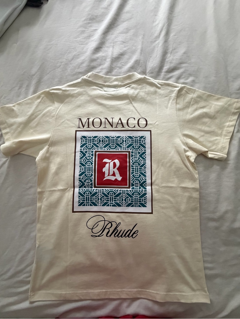 Rhude Cream Short-Sleeve Monaco Graphic Tee with Teal & Red Accents